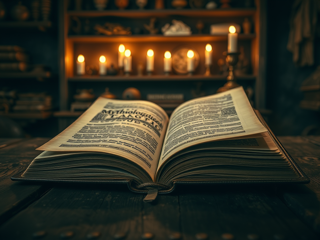 Открытая книга на столе с горящими свечами и полкой, наполненной книгами и предметами старины на заднем плане.