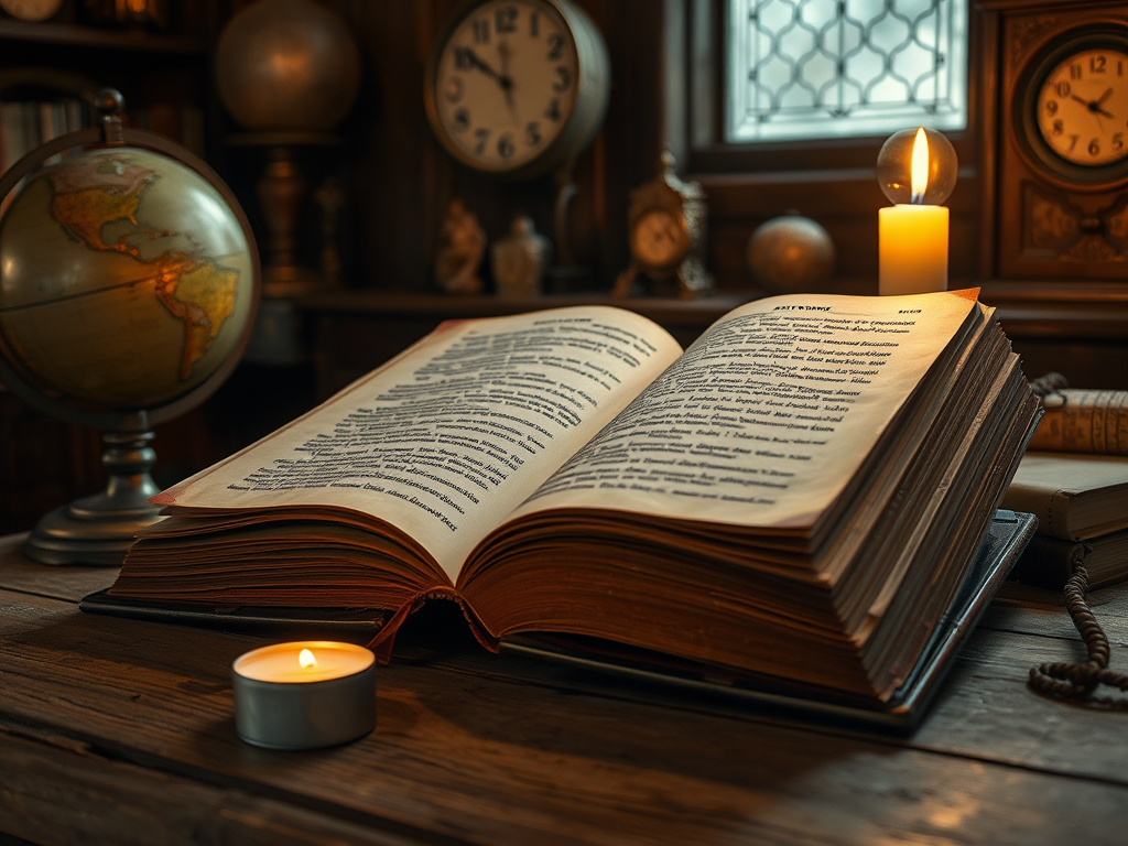 Открытая книга на деревянном столе, свеча горит рядом, глобус и часы создают атмосферу уюта.