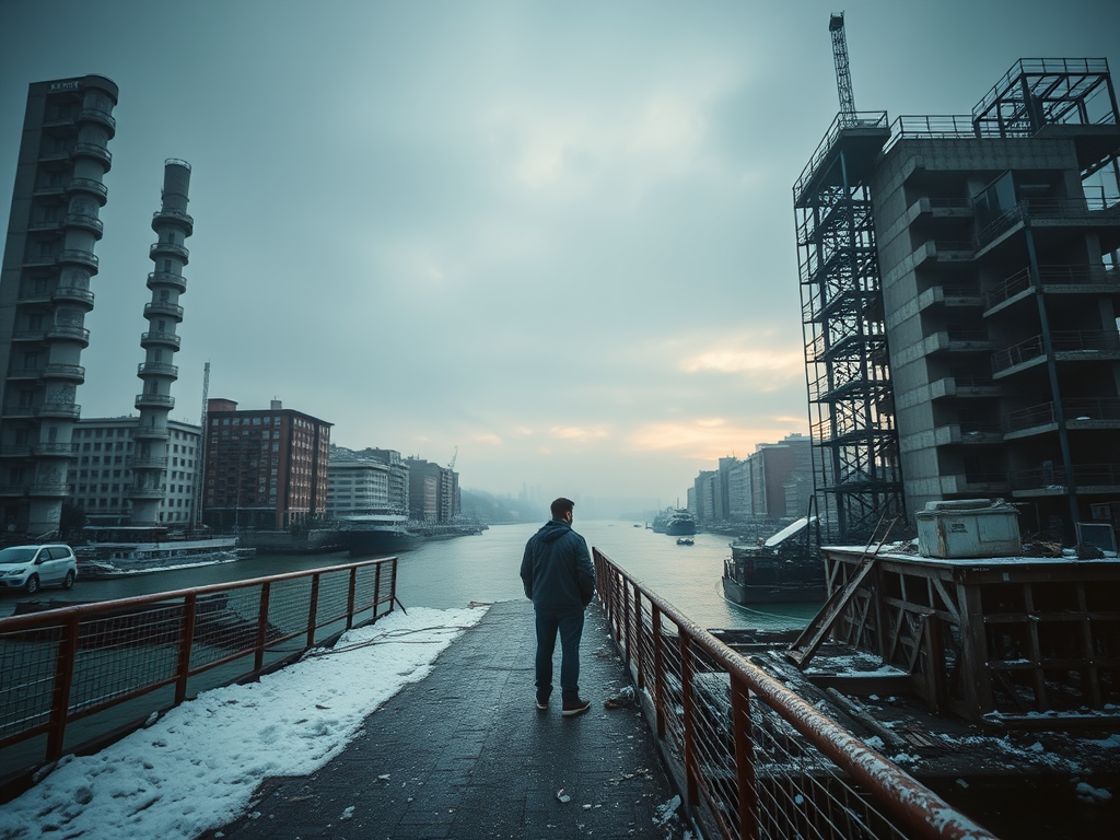 На мосту человек смотрит на реку, окружённую старыми зданиями и туманным небом.